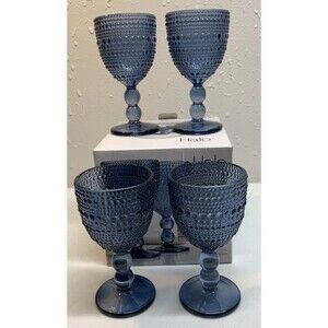 Halo Blue Stemmed Goblets Wine Water Hobnail Set of 4